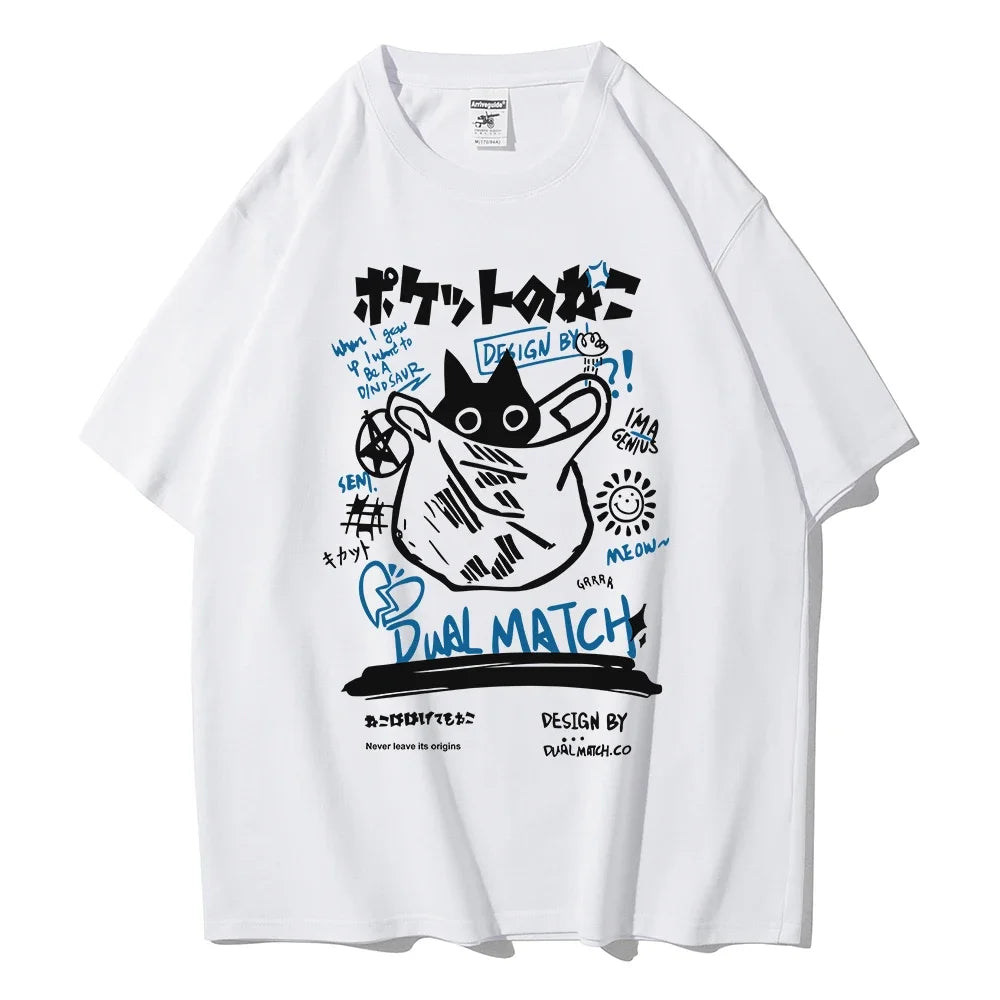 Men Women Cartoon T-Shirts Harajuku Kawaii Cat Printed Short Sleeve Tees Couple Streetwear Clothes Y2K Tops Graphic T Shirts