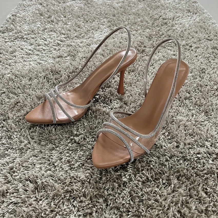Women Summer Rhinestone Slingback Pumps Office Lady Transparent Heeled Sandals Elegant Pointed Toe Female Sexy High Heels