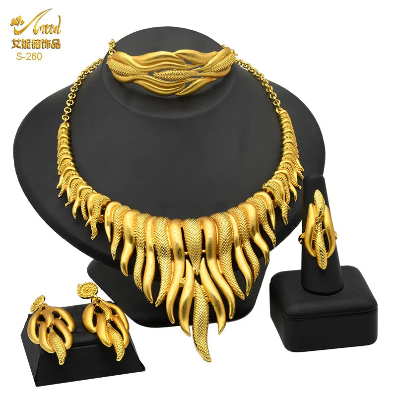 Dubai Women Gold Color Jewelry Sets African Wedding Bridal Ornament Gifts For Saudi Arab Necklace Bracelet Earrings Ring Set
