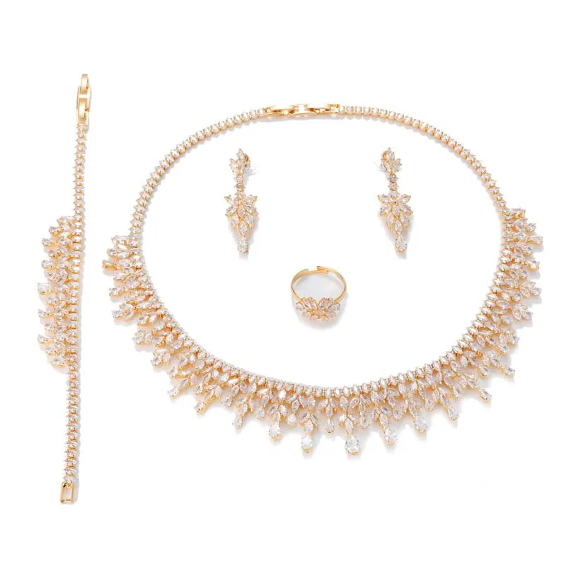 Jewelry Set HADIYANA Cubic Zircon Women Water-drop Jewelry Set Necklace Bracelet Earrings And Ring Birthday Gift