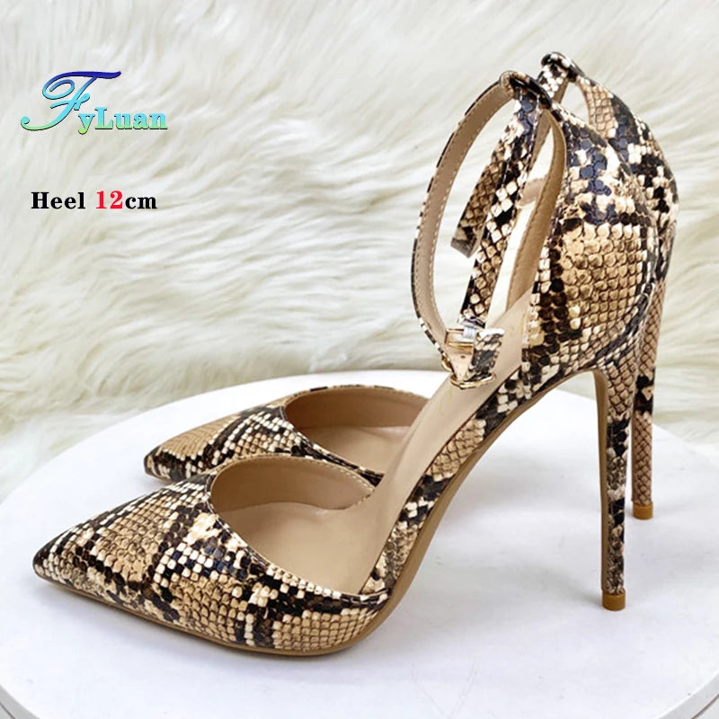 New 8cm 10cm 12cm Women High Heeled Sandals Brown Snake Print Thin Heel Stiletto Valentine's Day Evening Party Pointed Toe Shoes
