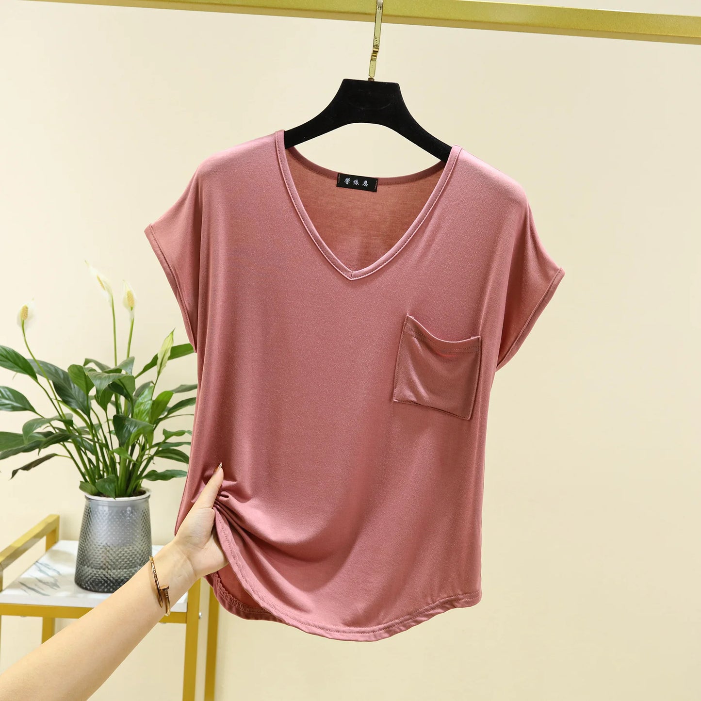 Summer Thin Tshirts V-Neck short sleeves Women Modal Loose T-Shirt with pocket Solid color Plus size Basic Tee Tops