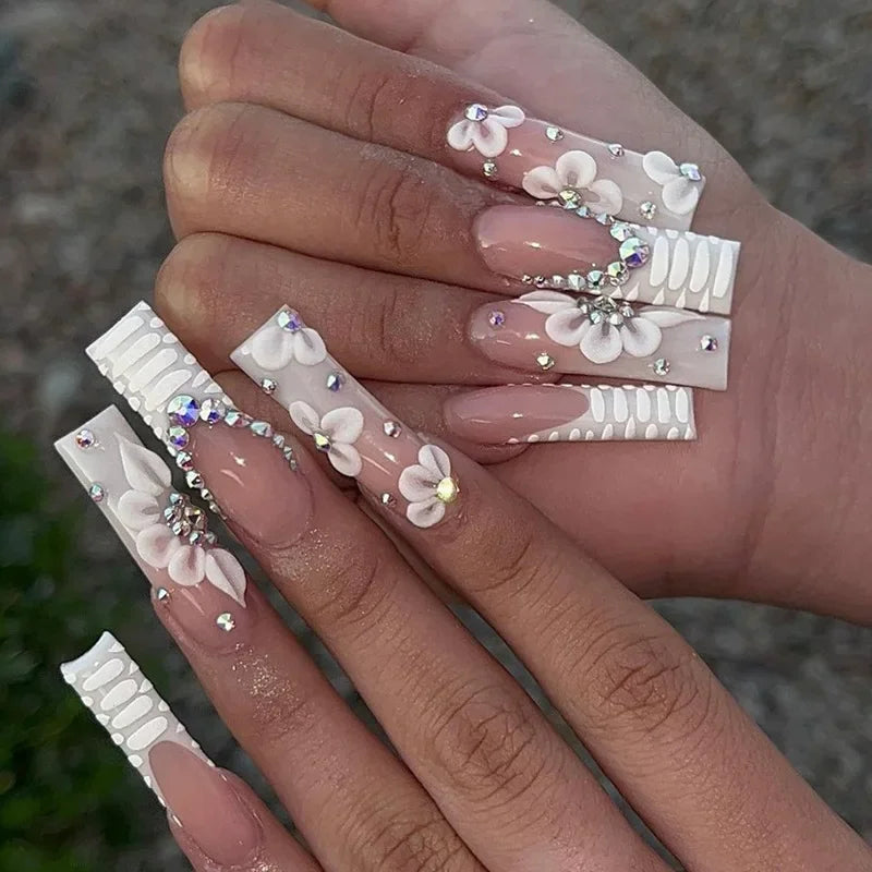 Qsezeny 24Pcs Long Coffin False Nails with Glue Wearable Brown Fake Nails with Rhinestones Ballet Press on Nails Full Cover Nail Tips