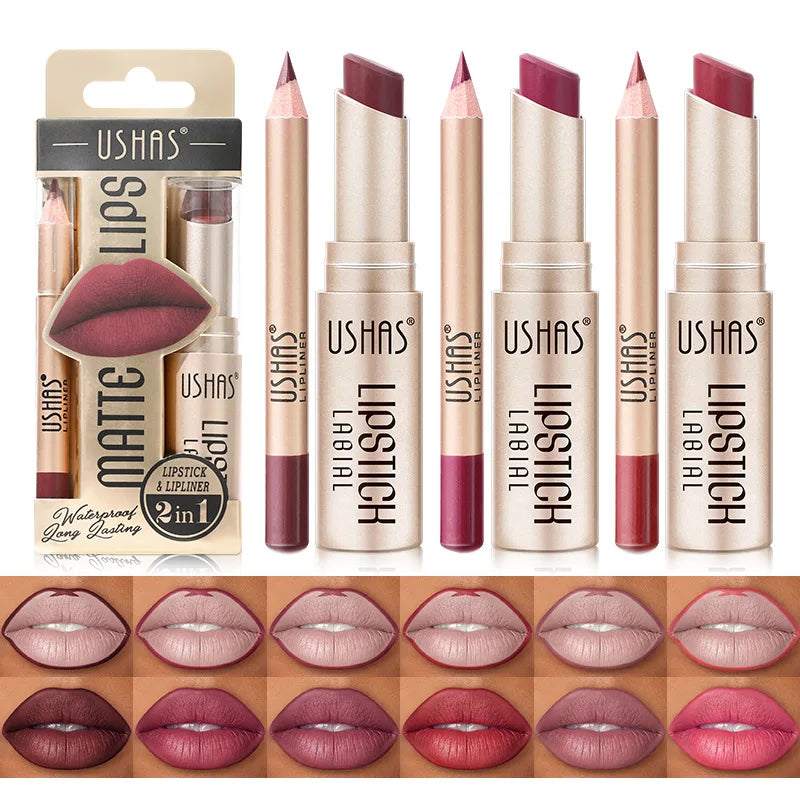 USHAS Lip Liner Long-lasting Easy Coloring Non-Stick Cup Long-lasting Waterproof Matte Lipstick Lipstick Set
