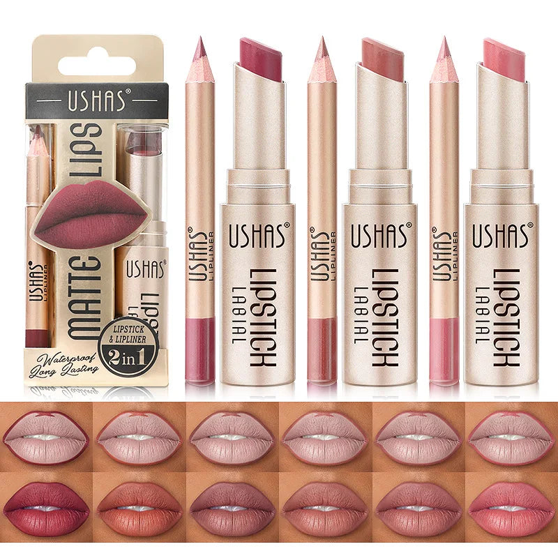 USHAS Lip Liner Long-lasting Easy Coloring Non-Stick Cup Long-lasting Waterproof Matte Lipstick Lipstick Set