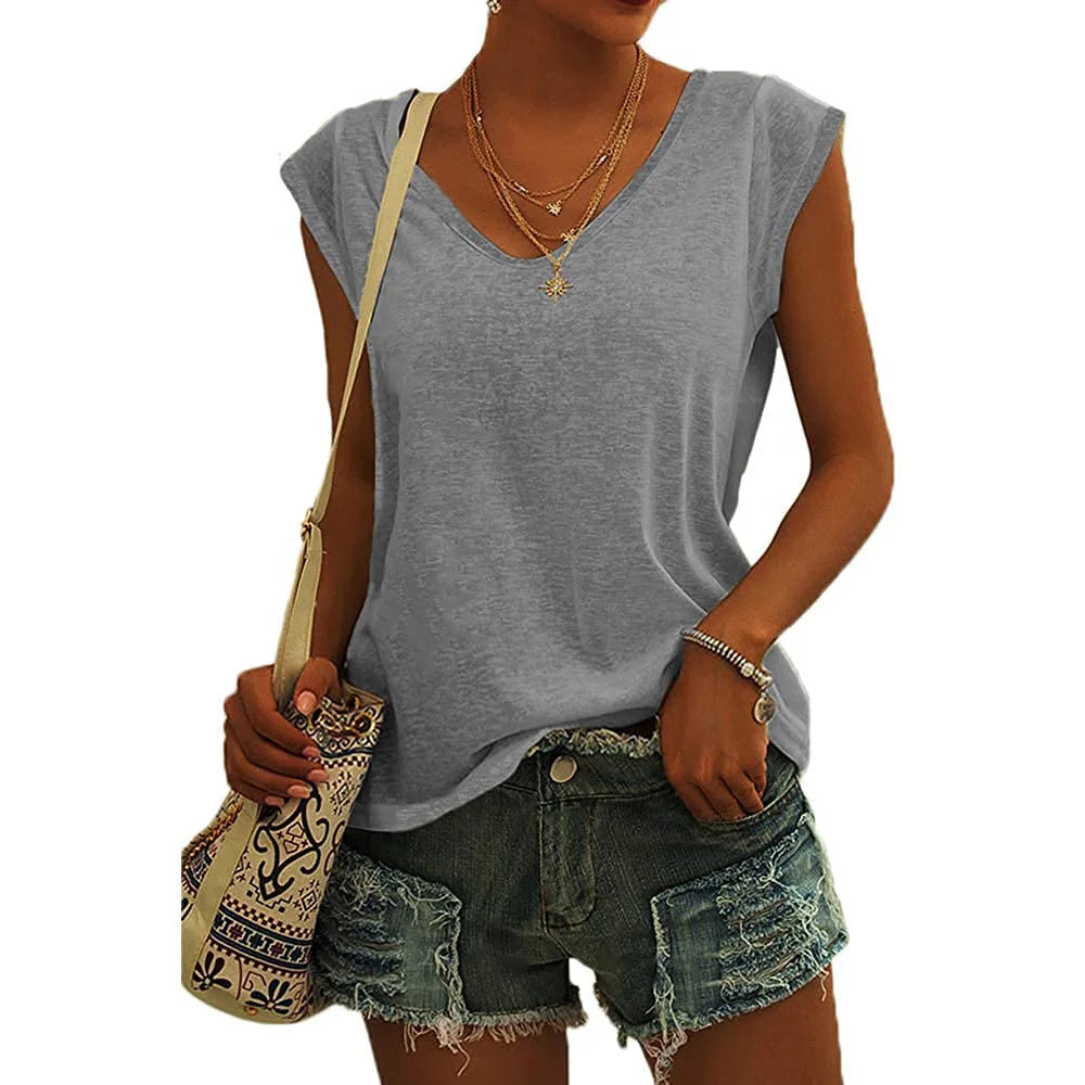 Summer Fashion Street V-neck T-shirts Women Fitness Tank Top Camisole Solid Color Breathable Cool Vest Tops Female Clothing