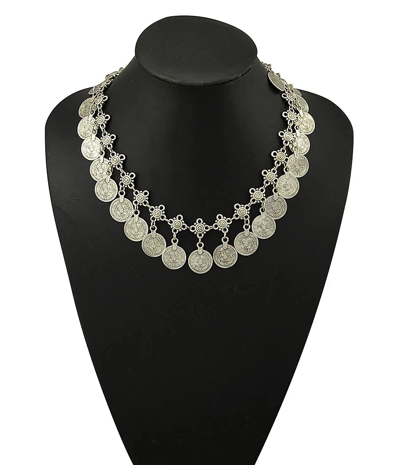 Traditional Turkish Coins Tassel Pendant Necklace for Women Vintage Gypsy Ethnic Tribal Choker Collar Statement Jewelry