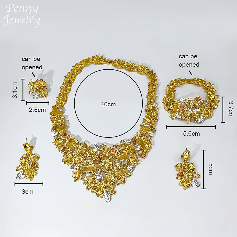 Women Nigerian Design 18K Gold Plated Jewelry Set Necklace Drop Earrings Bracelet Ring Trendy Bridal Wedding Party accessories