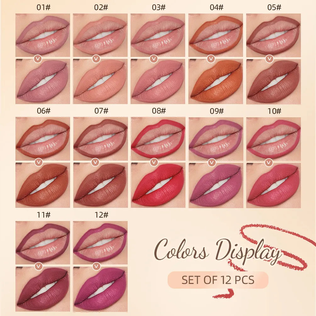 QIBEST 12Pcs/Set Waterproof Pen Matte Lip Liner Set Long Lasting Makeup