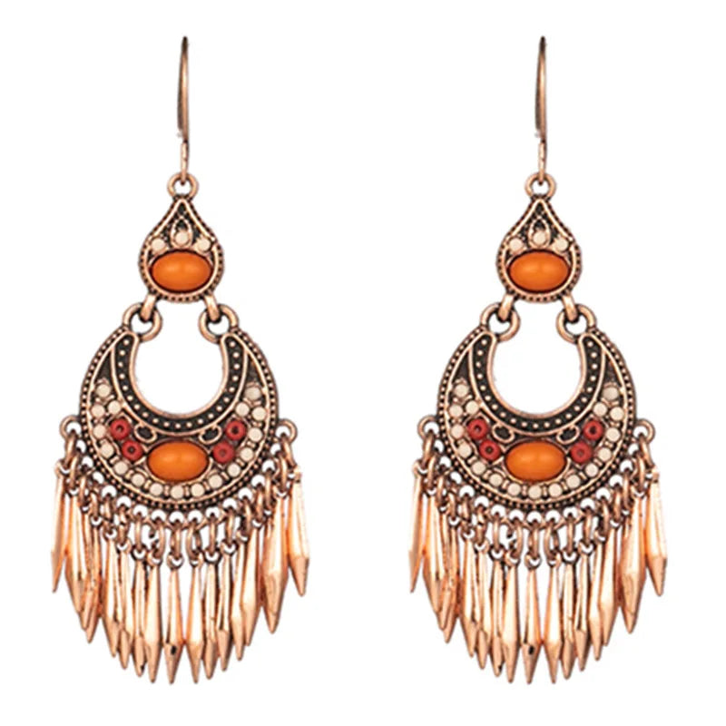 Ethnic Orange Beads Tassel Drop Earrings for Women Antique Gold Plated Geometric Pendientes Earring Boho Vintage Jewelry