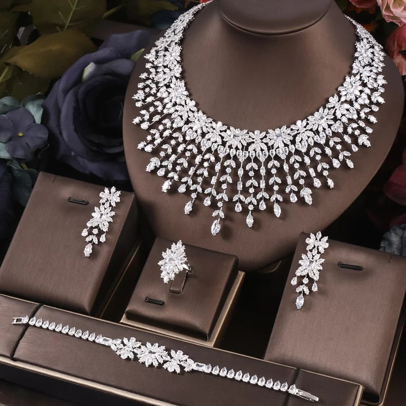 Janekelly 4pcs Bridal Zirconia Full Jewelry Sets For Women Party, Luxury Dubai CZ Crystal Wedding necklace sets