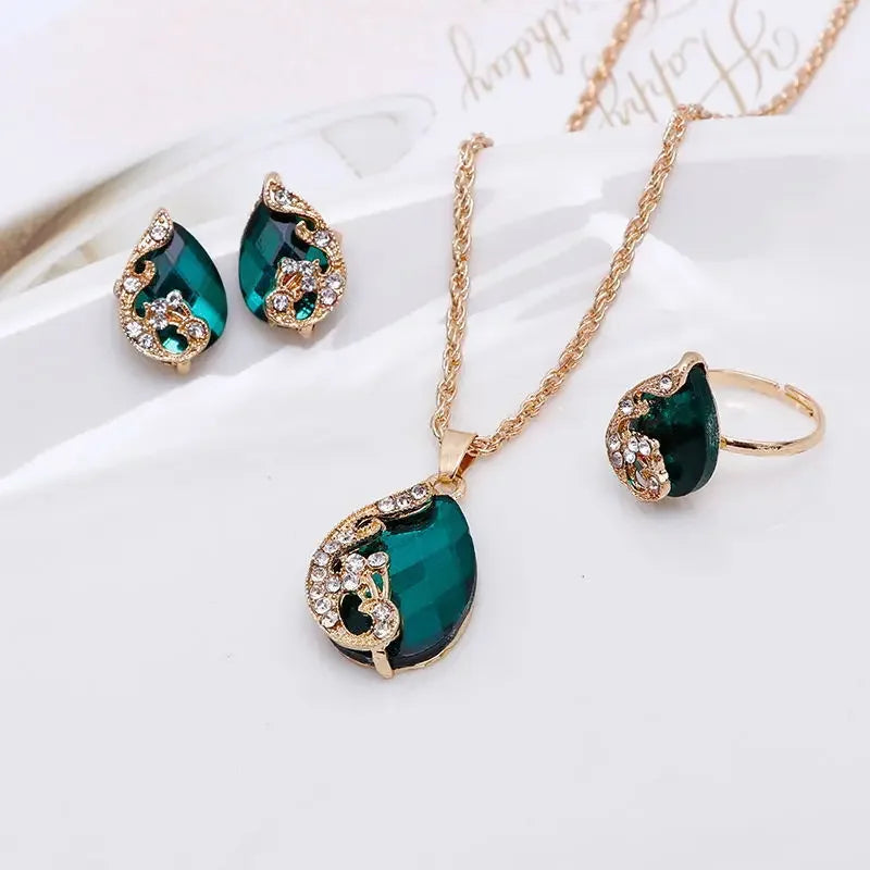 Delysia King 4PCS Trendy Water Droplets Peacock Jewelry Set Crystal Elegant Necklace/Earrings/Ring for Cocktail