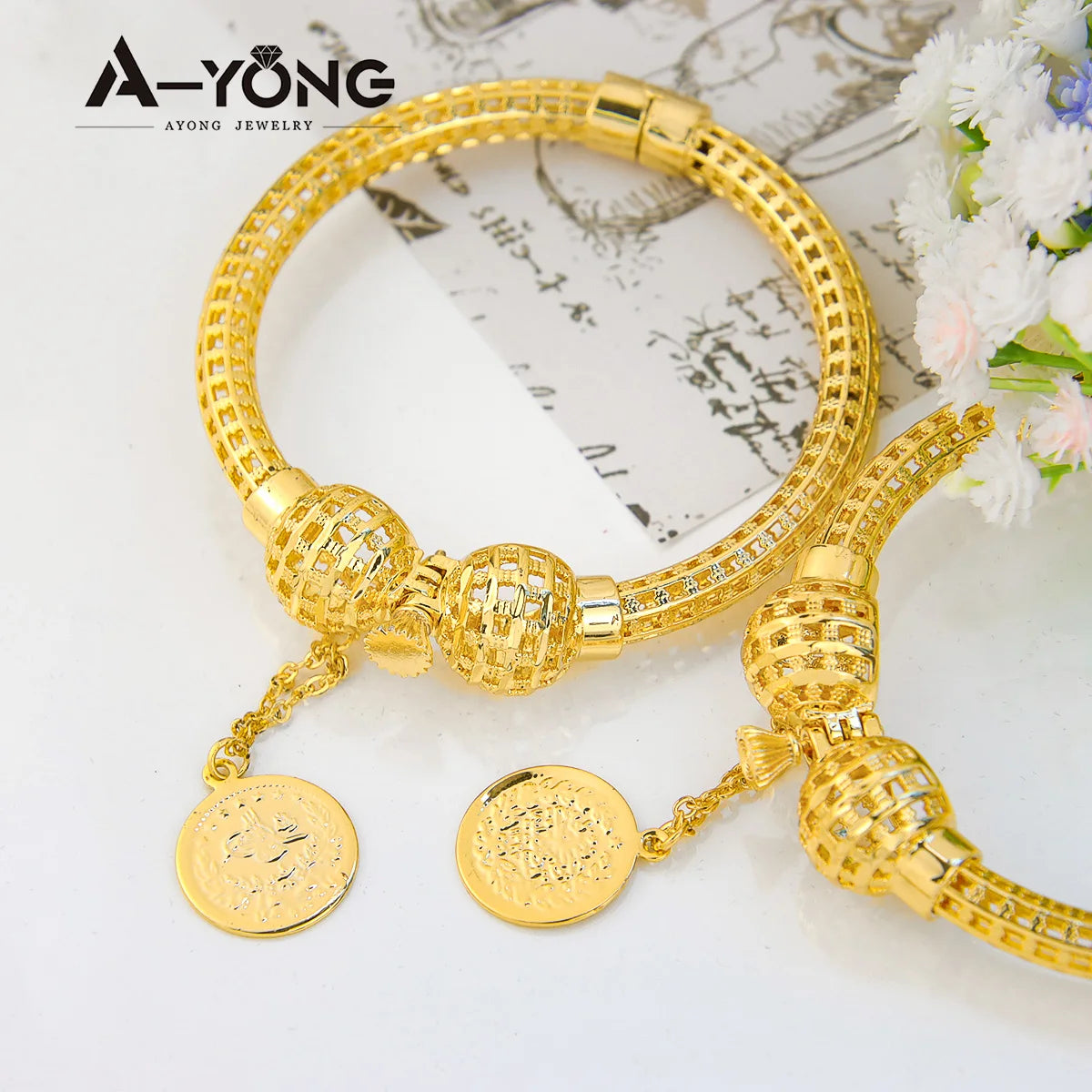 AYONG Saudi Gold Bracelet 21k Gold Plated Hollow Out Balls Bangle Punk Personality Hand Chain Cuff Bracelet