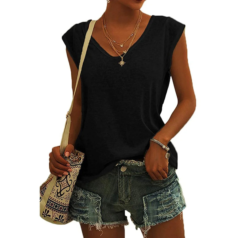Summer Fashion Street V-neck T-shirts Women Fitness Tank Top Camisole Solid Color Breathable Cool Vest Tops Female Clothing