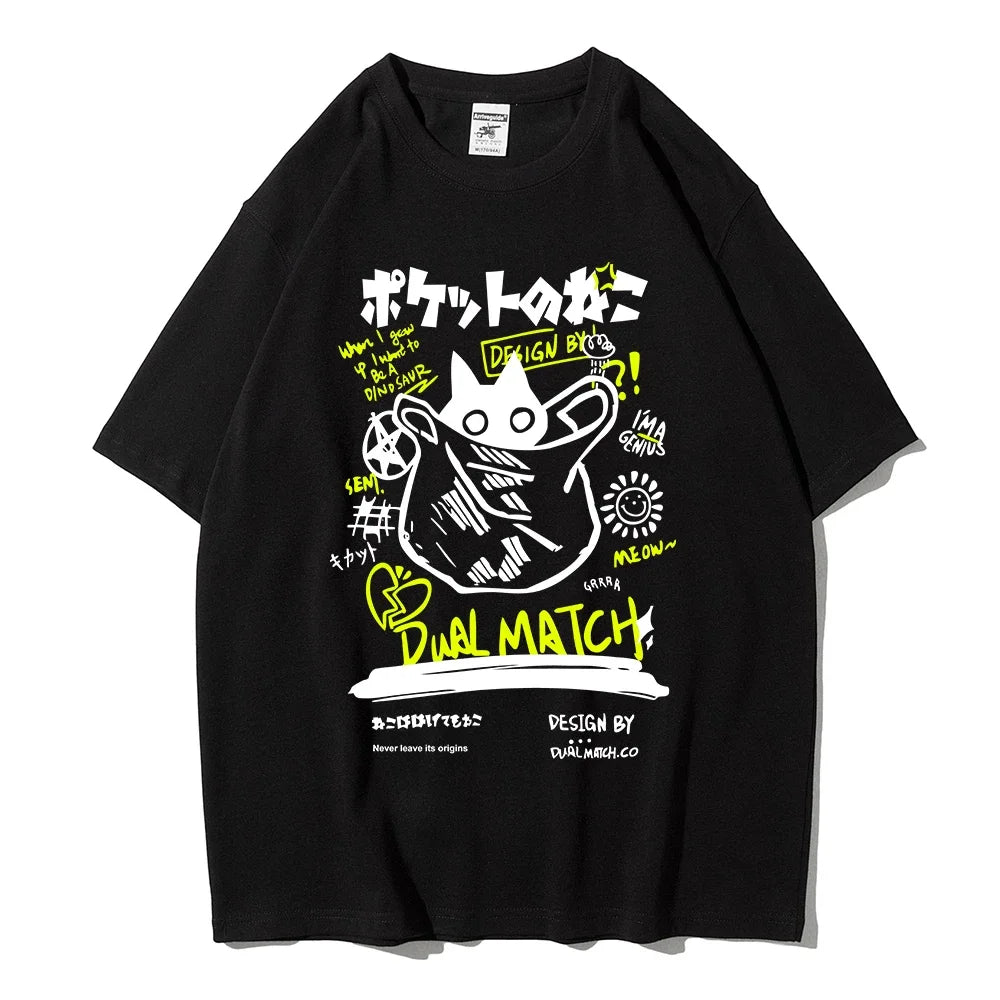 Men Women Cartoon T-Shirts Harajuku Kawaii Cat Printed Short Sleeve Tees Couple Streetwear Clothes Y2K Tops Graphic T Shirts
