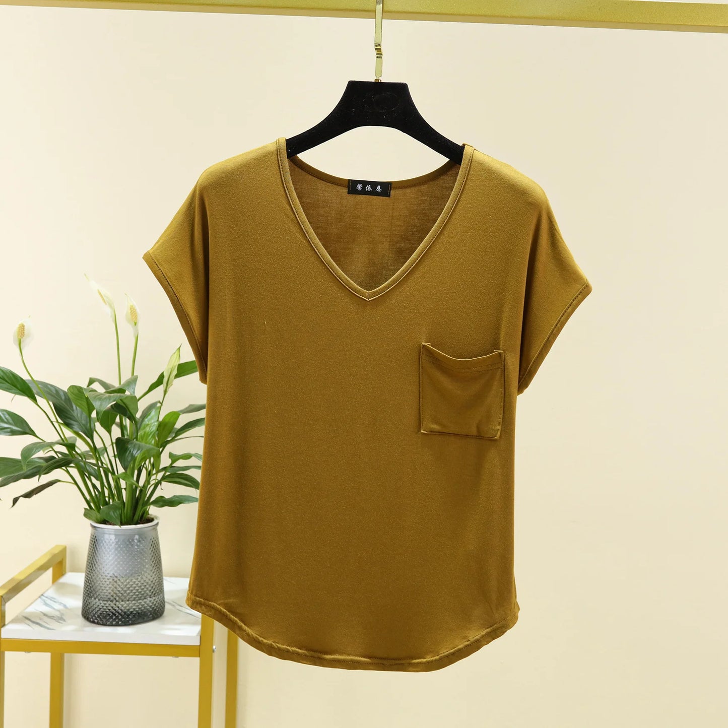 Summer Thin Tshirts V-Neck short sleeves Women Modal Loose T-Shirt with pocket Solid color Plus size Basic Tee Tops