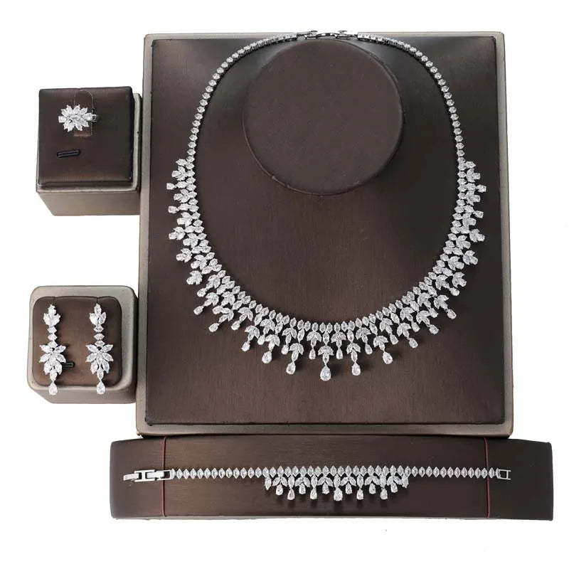 Jewelry Set HADIYANA Cubic Zircon Women Water-drop Jewelry Set Necklace Bracelet Earrings And Ring Birthday Gift