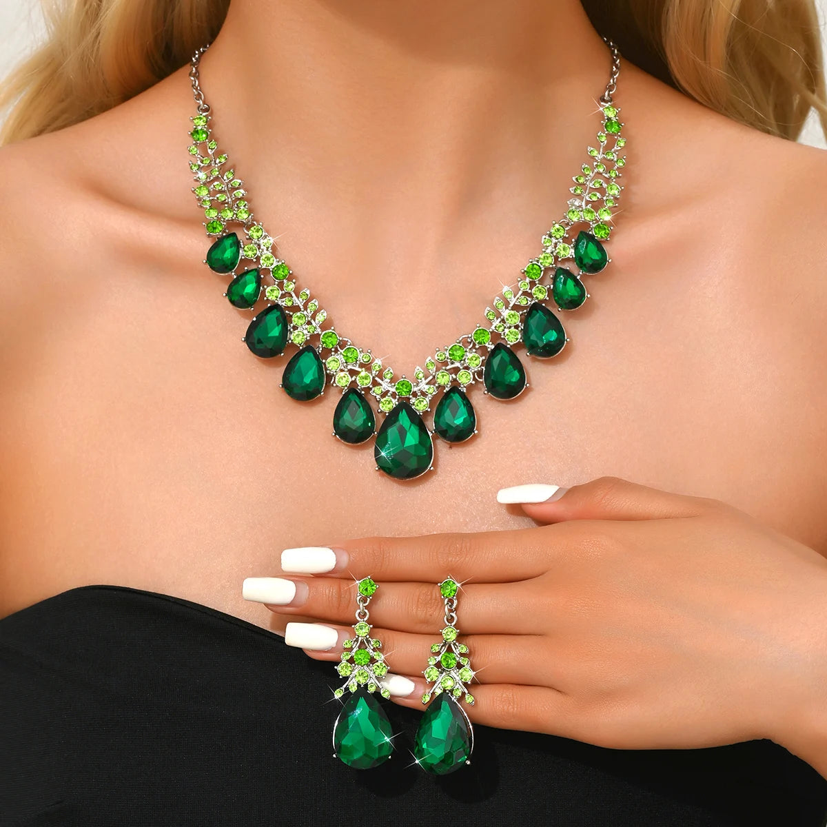 3PC Women's Fashion Trendy Charm Crystal Water Drop Necklace Earrings Jewelry Set for Wedding and Party