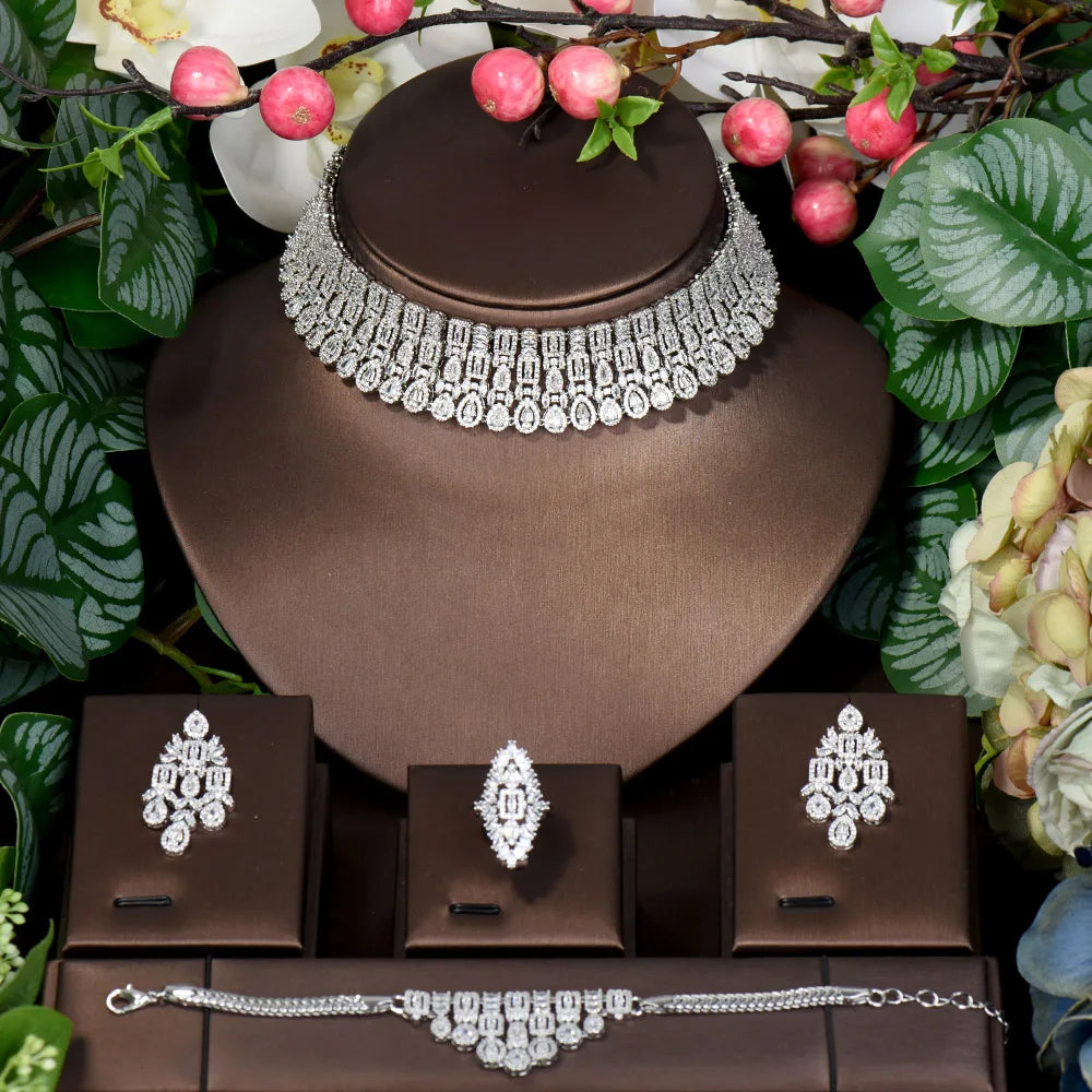 HIBRIDE Sparkling Water Drop Charms 4Pcs Statement Necklace Earring Bracelet Ring Set Luxury Nigerian Dubai Jewelry Sets