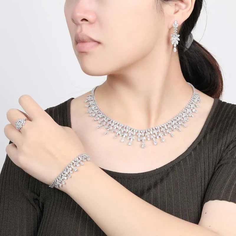 Jewelry Set HADIYANA Cubic Zircon Women Water-drop Jewelry Set Necklace Bracelet Earrings And Ring Birthday Gift