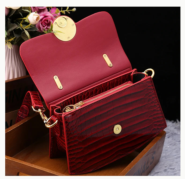 HYLHMC Fashion Diamonds Women Handbags Red Genuine Leather Lady Shoulder Bag Crocodile Pattern Portable Shell Tote Bags