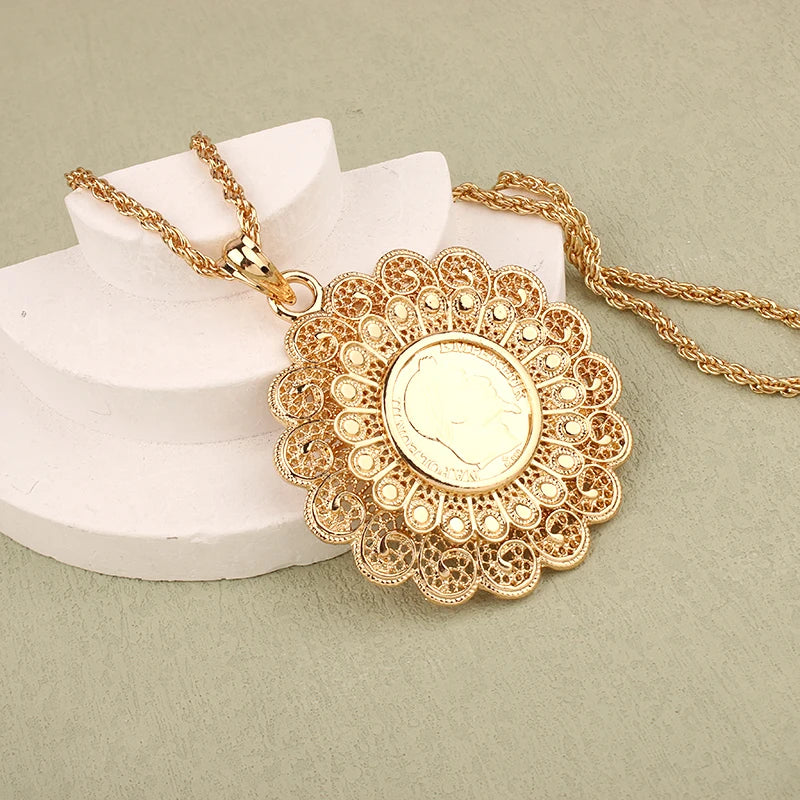 Dicai Algeria Wedding Jewelry Set Gold Plated Pendant Necklace French Coin Bracelet Ladies Necklace Slide Chain Woman Fashion