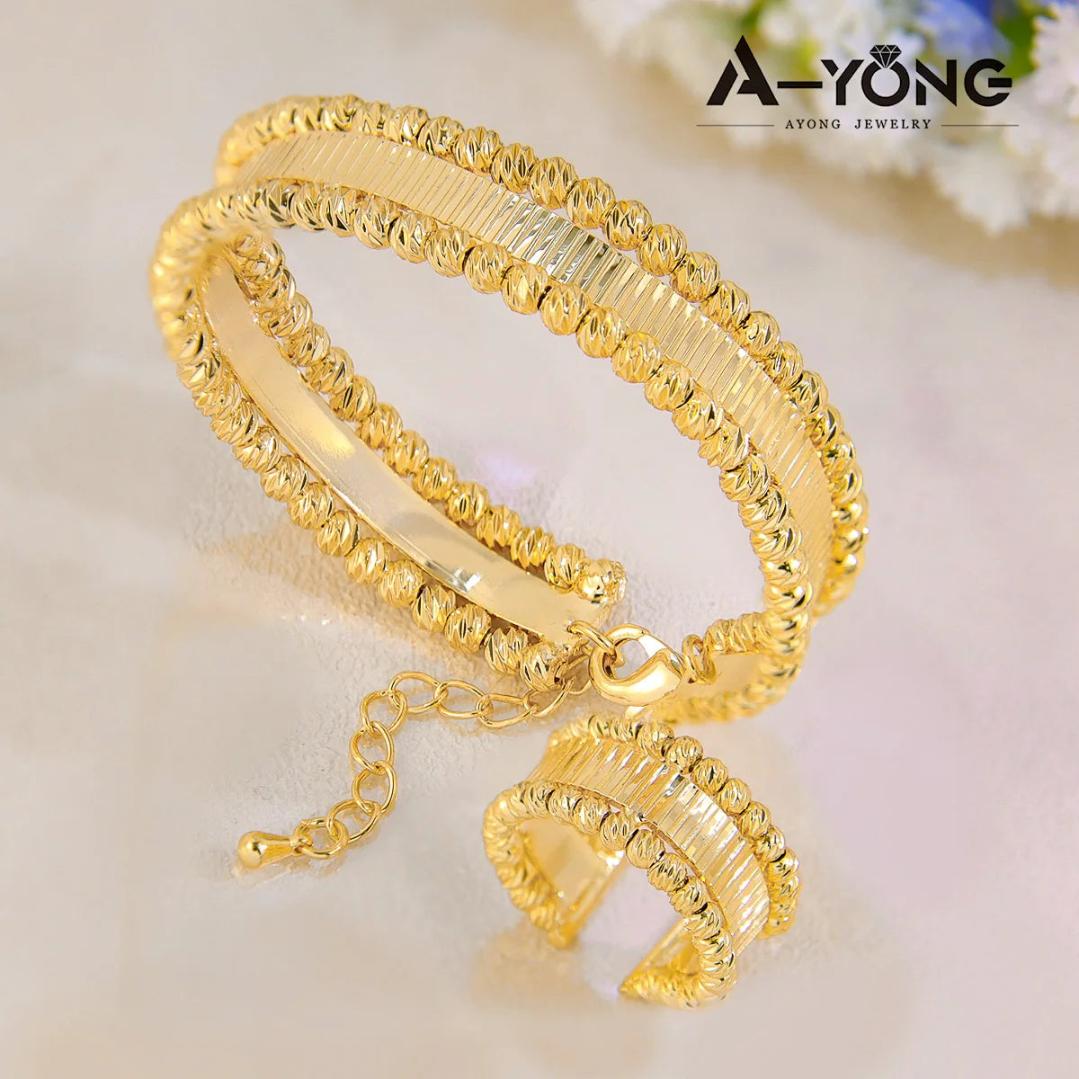 Italian Elegant Gold Bracelet and ring Set 21k Gold Plated Turkish Bead Openwork Copper Bracelets Ring Luxury Dubai Style Bridal Jewelry