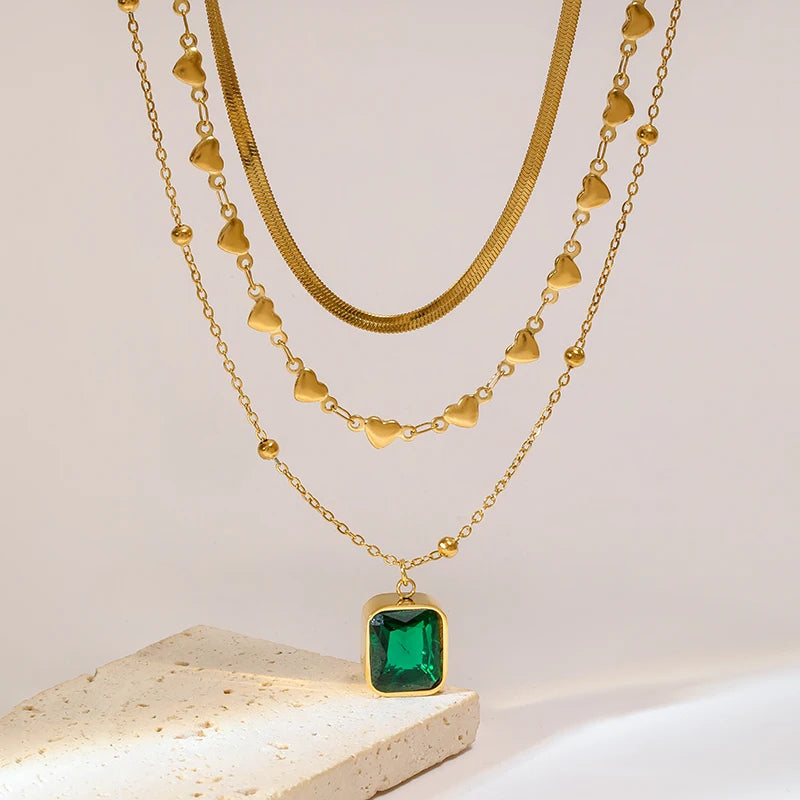 EILIECK Stainless Steel Geometric Zircon Crystal Pendant Necklace Fashion Waterproof Neck Chain Jewelry
