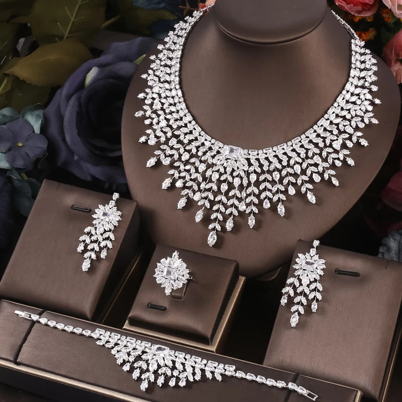 Janekelly 4pcs Bridal Zirconia Full Jewelry Sets For Women Party, Luxury Dubai CZ Crystal Wedding necklace sets