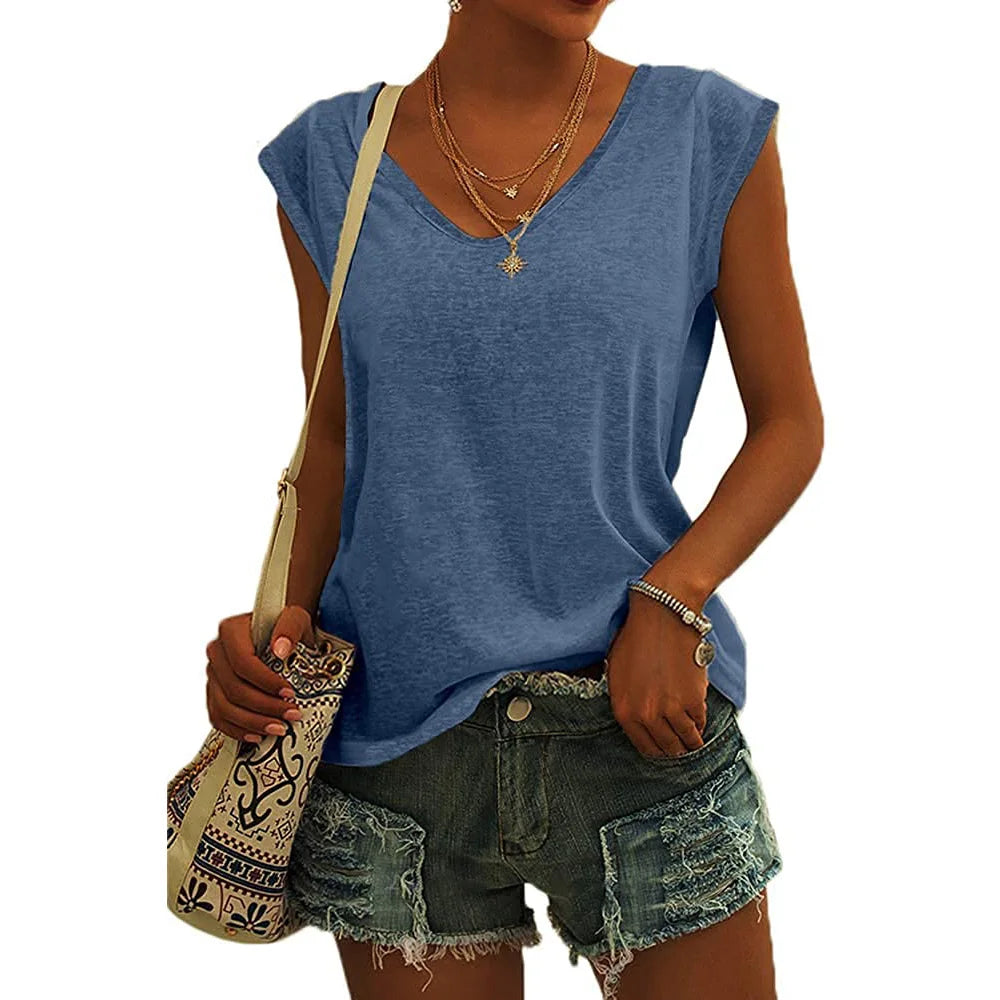 Summer Fashion Street V-neck T-shirts Women Fitness Tank Top Camisole Solid Color Breathable Cool Vest Tops Female Clothing