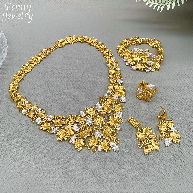 Women Nigerian Design 18K Gold Plated Jewelry Set Necklace Drop Earrings Bracelet Ring Trendy Bridal Wedding Party accessories