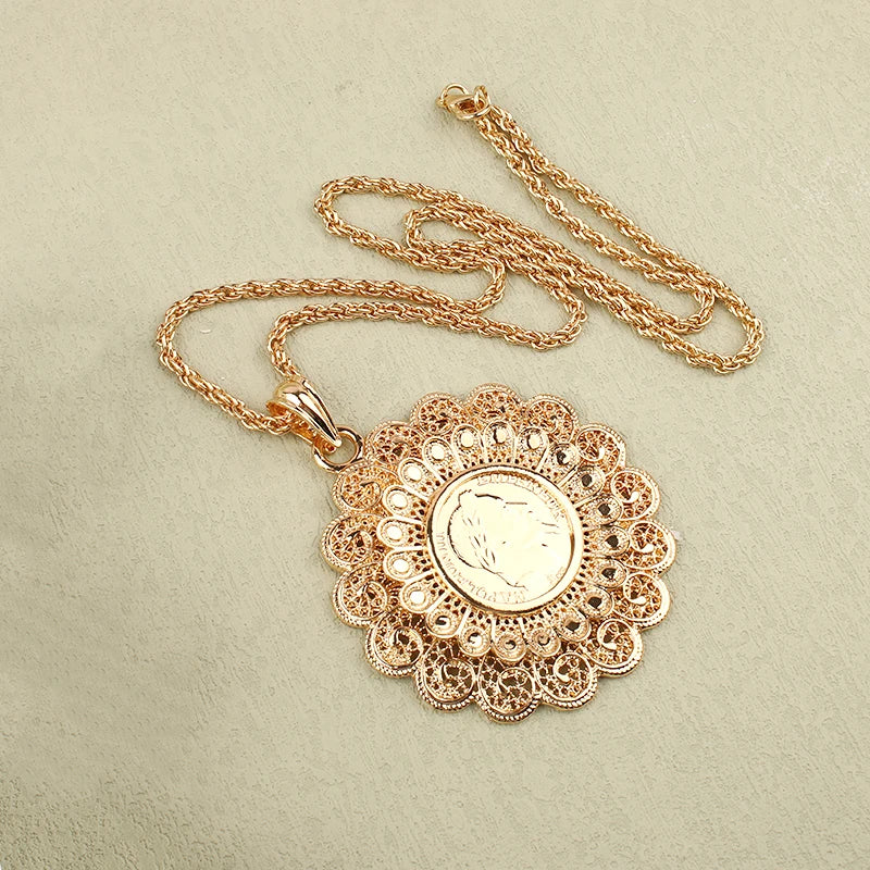 Dicai Algeria Wedding Jewelry Set Gold Plated Pendant Necklace French Coin Bracelet Ladies Necklace Slide Chain Woman Fashion