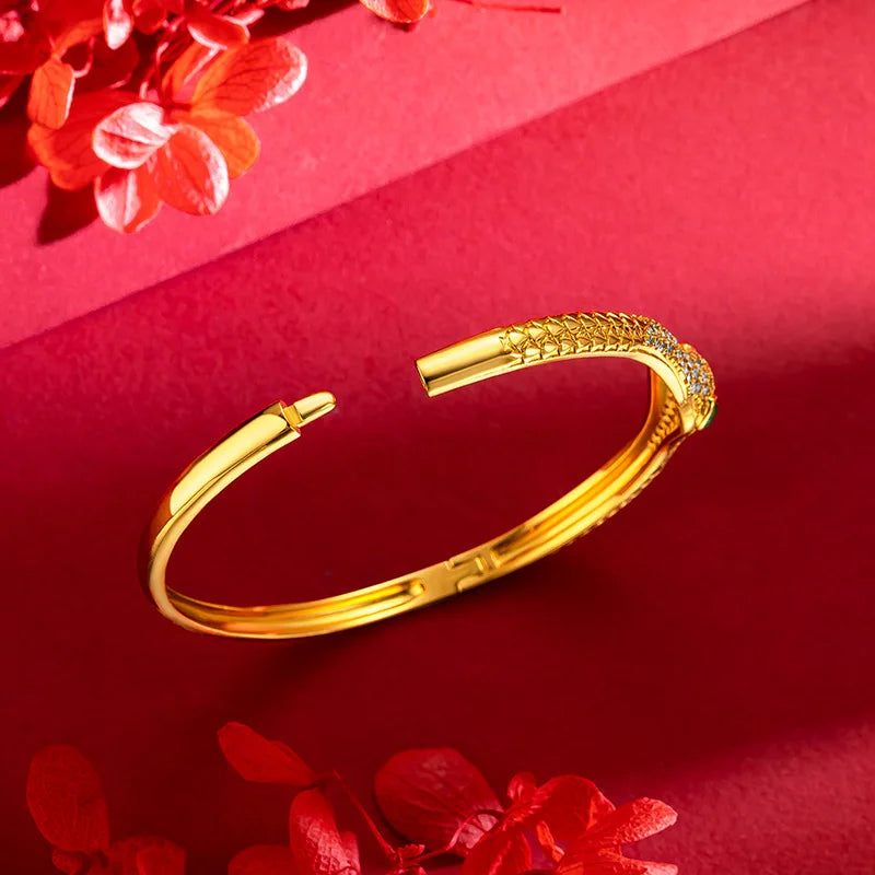 European and American versatile minimalist light luxury 24K real gold micro inlaid snake bracelet, gold high-end bracelet