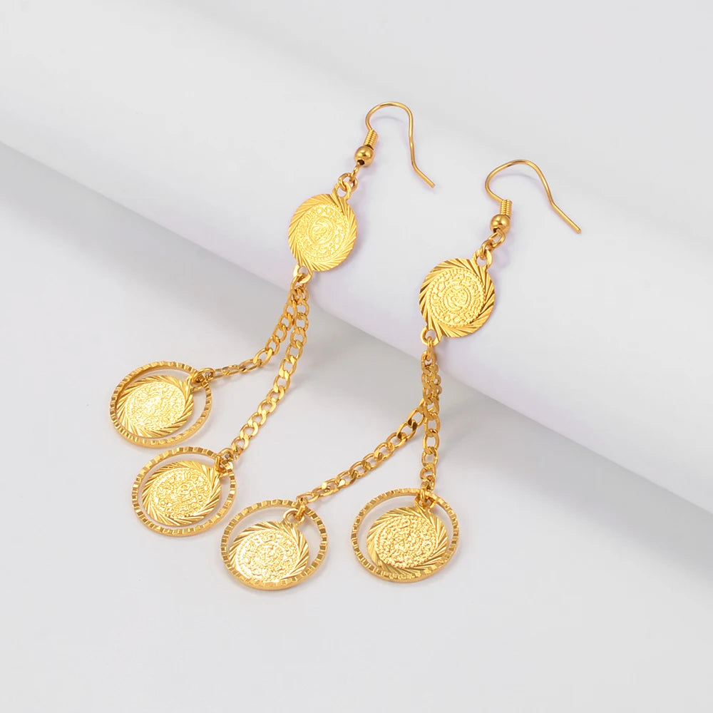 Anniyo Coin Money Sign Gold Color Drop Earrings Ancient Coins Jewelry Women