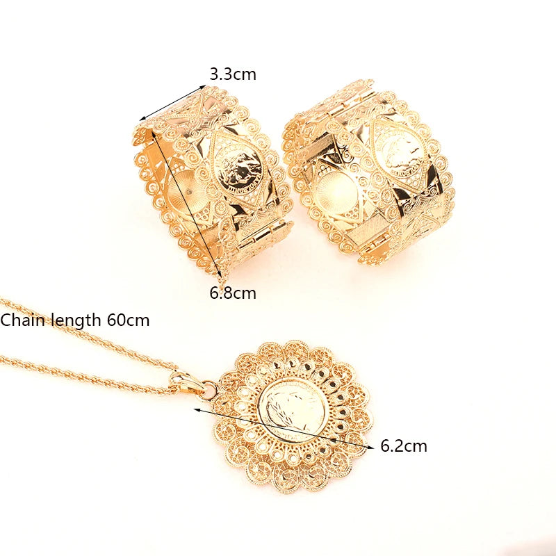 Dicai Algeria Wedding Jewelry Set Gold Plated Pendant Necklace French Coin Bracelet Ladies Necklace Slide Chain Woman Fashion