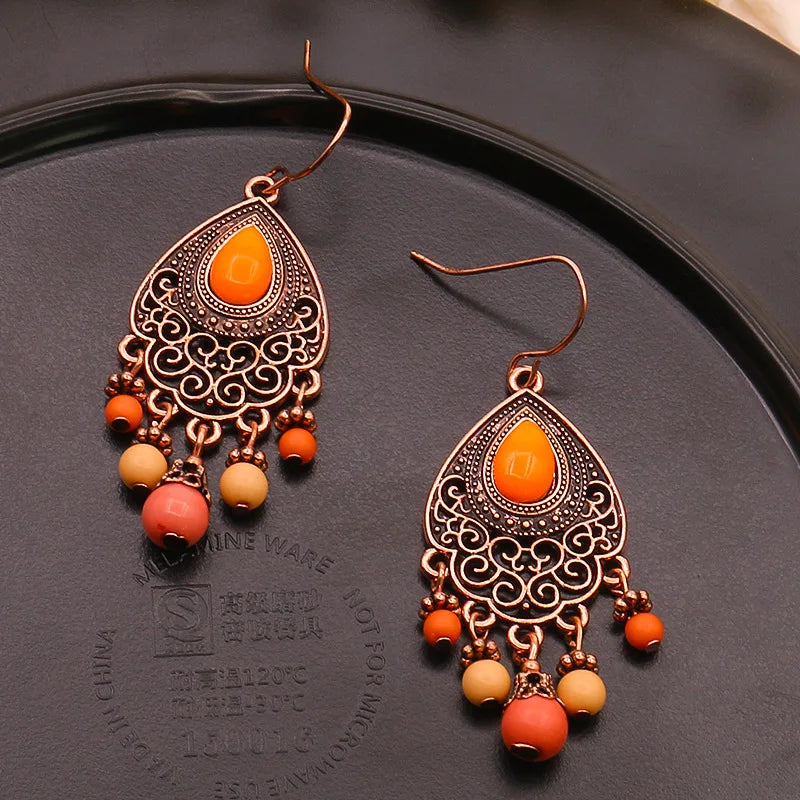Ethnic Orange Beads Tassel Drop Earrings for Women Antique Gold Plated Geometric Pendientes Earring Boho Vintage Jewelry