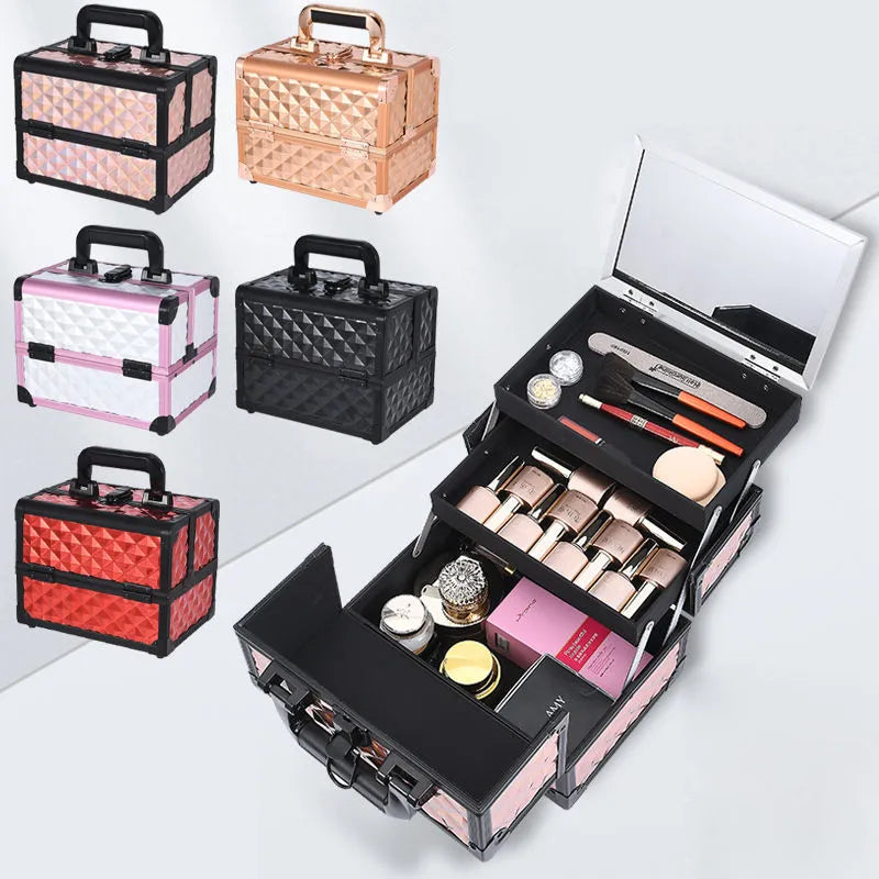 Professional Makeup Box Aluminum Alloy Make Up Organizer Women Cosmetic Case with Mirror Travel Large Capacity Suitcase Bag