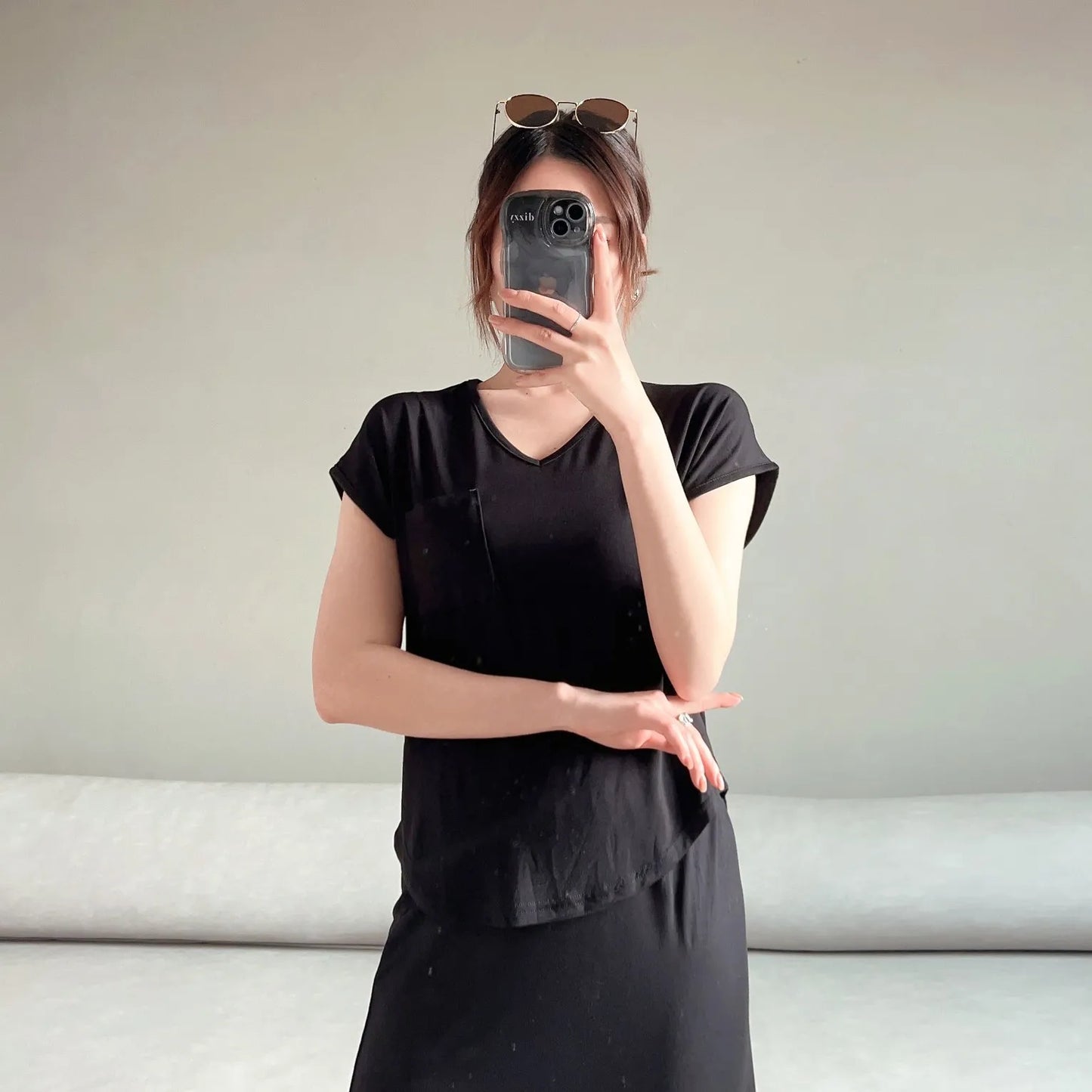 Summer Thin Tshirts V-Neck short sleeves Women Modal Loose T-Shirt with pocket Solid color Plus size Basic Tee Tops