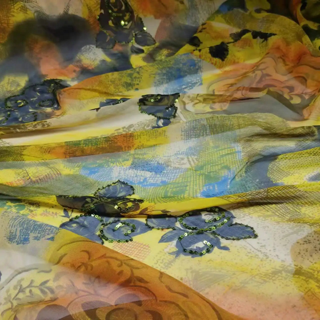 ثوب جورجيت طول 4.5 متر في عرض 114 سنتيمتر مطرز بالترتر 100% حرير طبيعي عالي الجودة