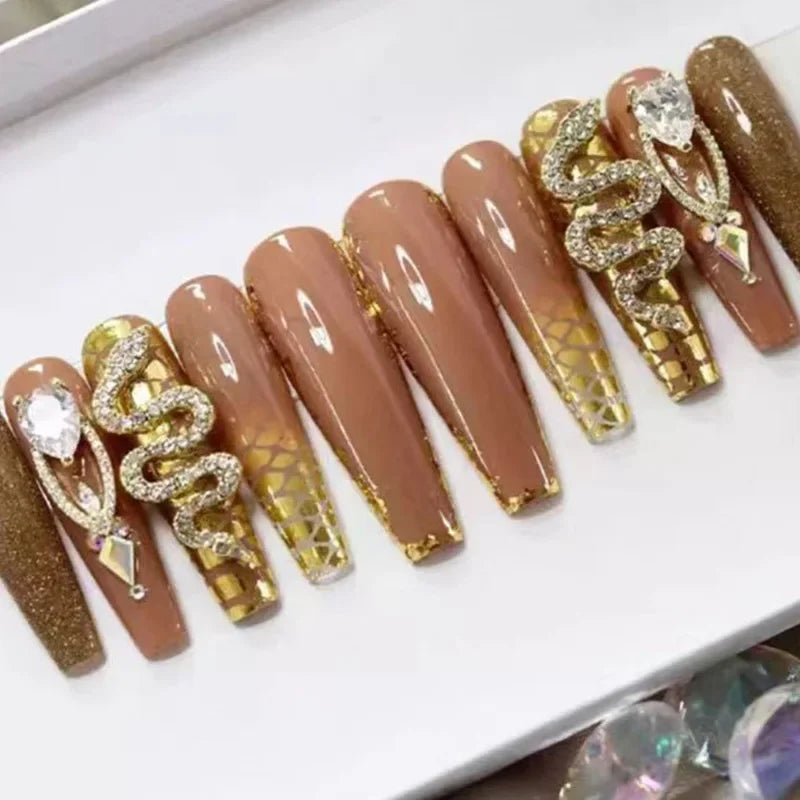Qsezeny 24Pcs Long Coffin False Nails with Glue Wearable Brown Fake Nails with Rhinestones Ballet Press on Nails Full Cover Nail Tips