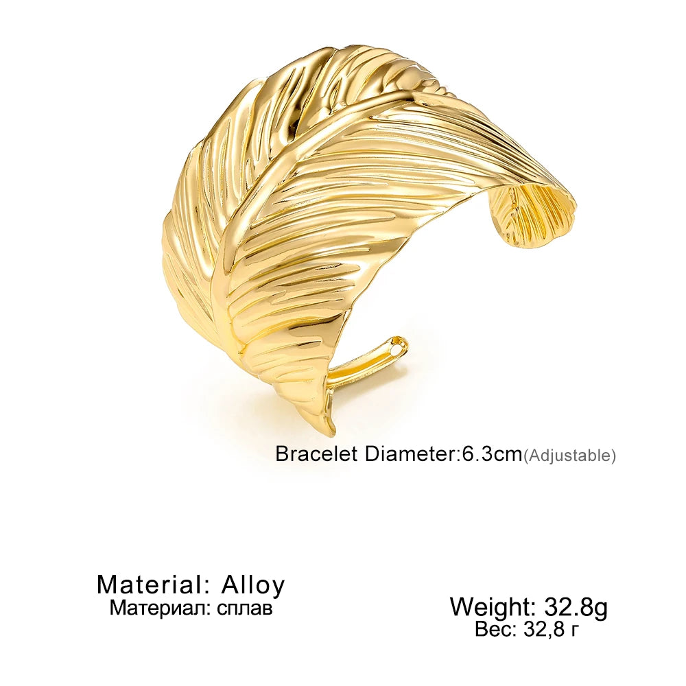 IFMIA Charm Big Metal Feather Opening Bangle For Women Men Gold Color Leaf Bracelet Fashion Jewelry