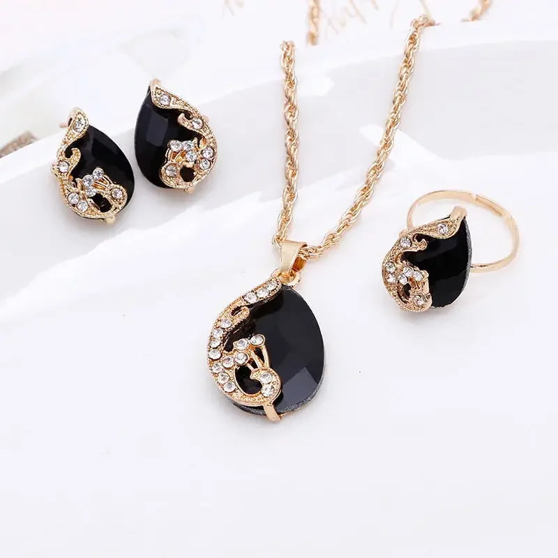 Delysia King 4PCS Trendy Water Droplets Peacock Jewelry Set Crystal Elegant Necklace/Earrings/Ring for Cocktail