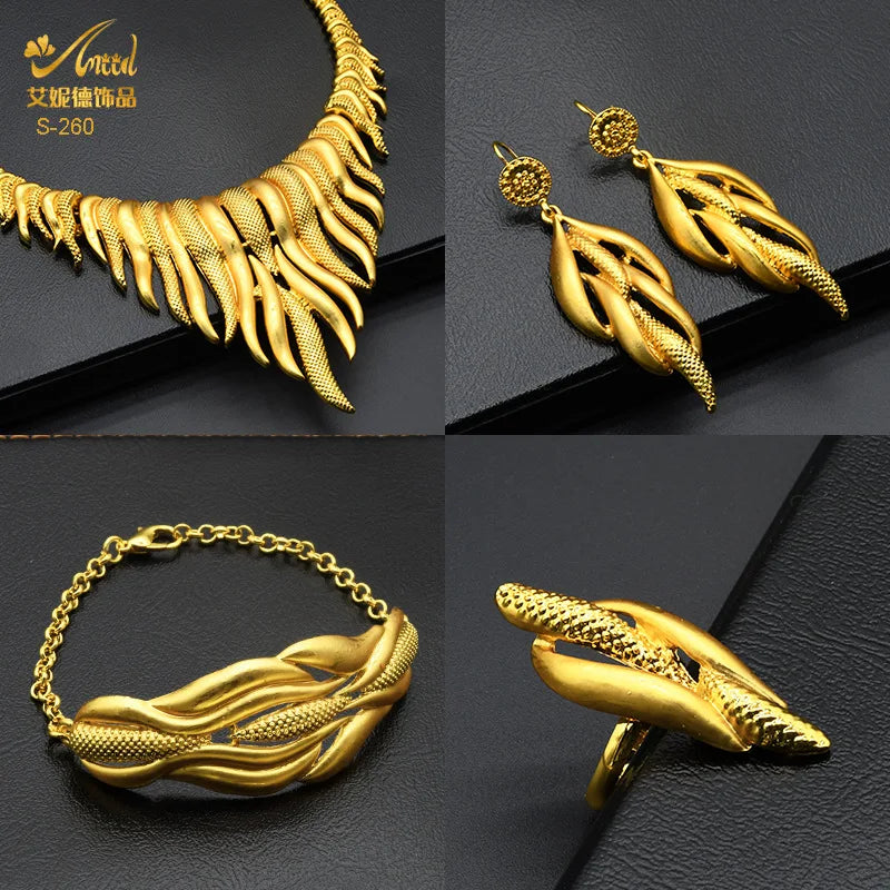Dubai Women Gold Color Jewelry Sets African Wedding Bridal Ornament Gifts For Saudi Arab Necklace Bracelet Earrings Ring Set