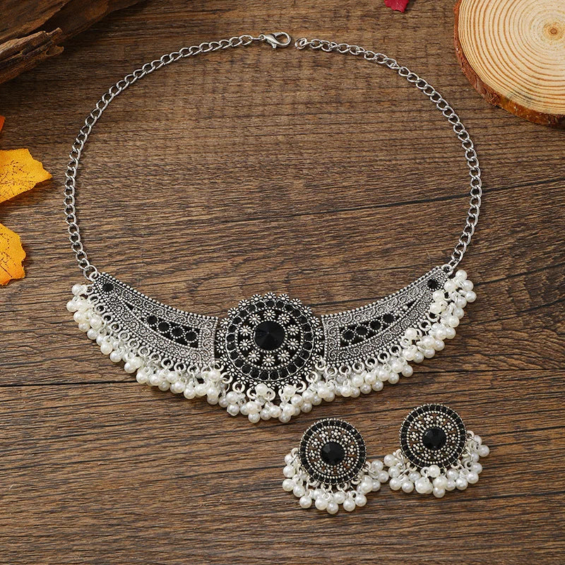 Black Crystal Choker Necklaces Earrings Jewelry Sets for Women Bohemian Ethnic Tribal Indian Style Party Pearls Jewelry Sets