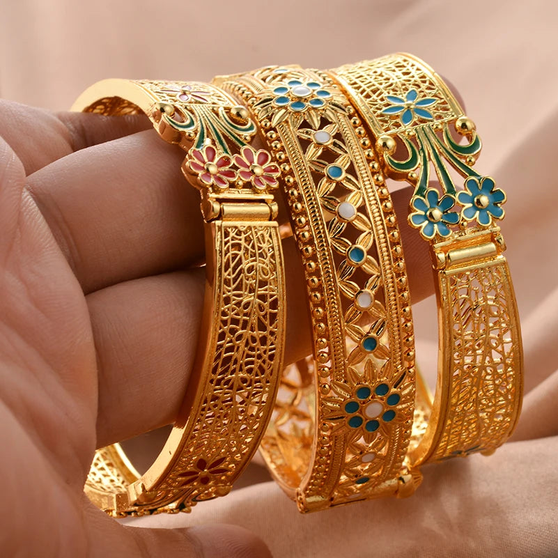 Dubai 24K Gold Color Bangles For Women Bracelets Charm Wedding Ethiopian Hand Jewelry Party