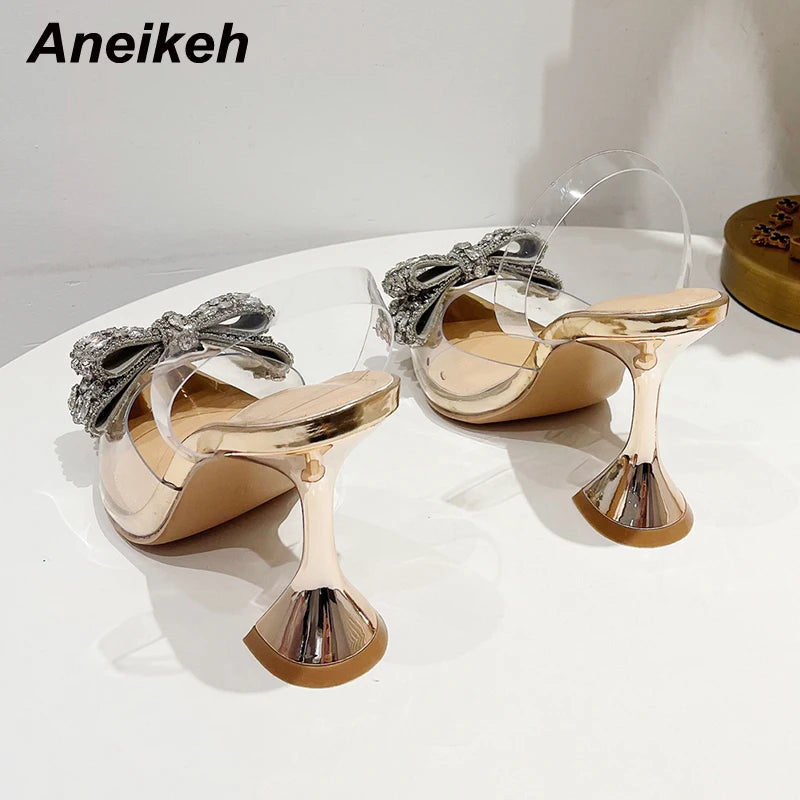 Aneikeh Summer Women Fashion Shoe Sexy High Heel Ankle Slingbacks Buckle Strap Pointed Toe Butterfly-Knot Decoration Pumps
