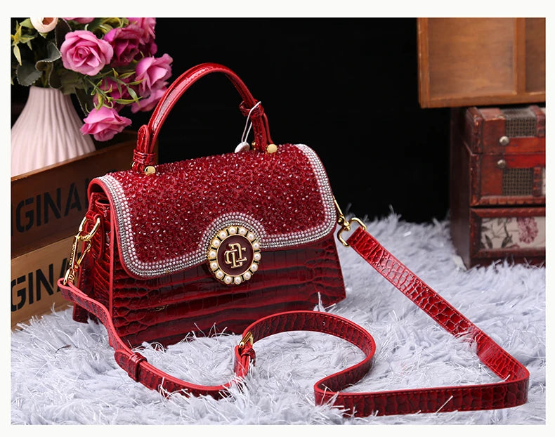 HYLHMC Fashion Diamonds Women Handbags Red Genuine Leather Lady Shoulder Bag Crocodile Pattern Portable Shell Tote Bags
