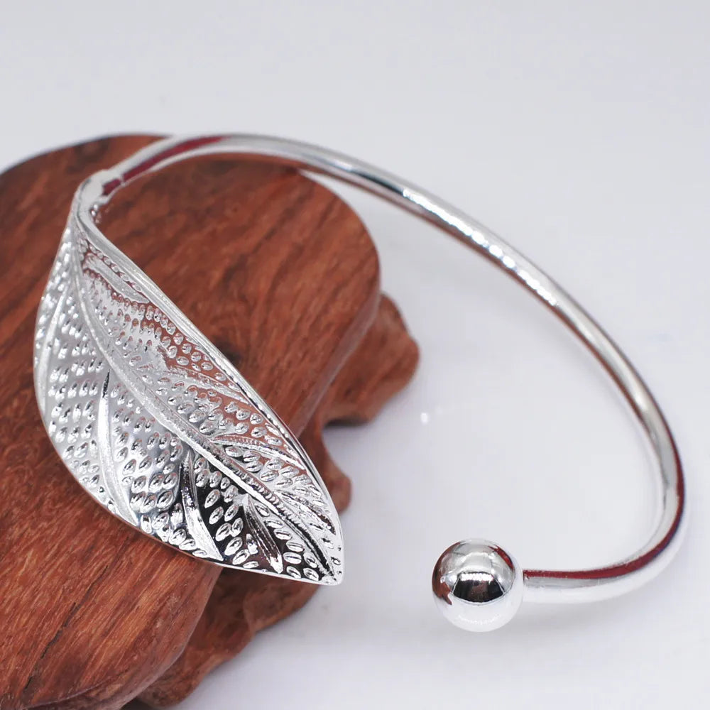 Fashion 925 Sterling Silver Woman Cuff Bracelet Open Leaf Shaped Adjustable Charm Bangle Girls Party Jewelry Christmas