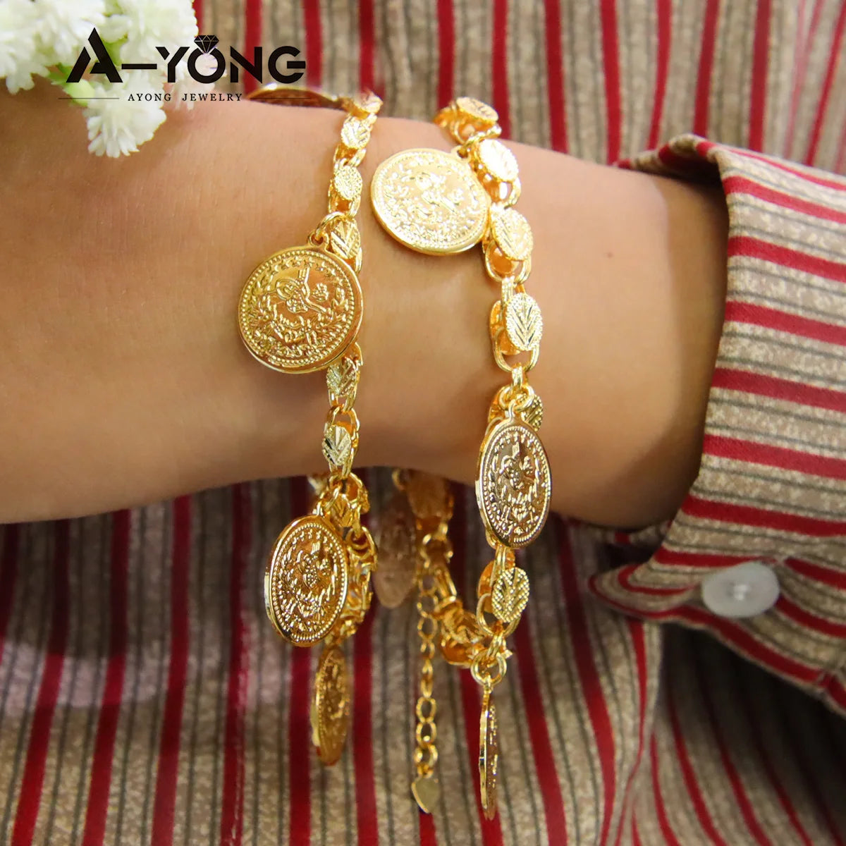 Arab Vintage Bracelet 21k Gold Plated Turkish Totem Coin Round Bangles Hollow Out Women Luxury Wedding Party Daily Jewelry