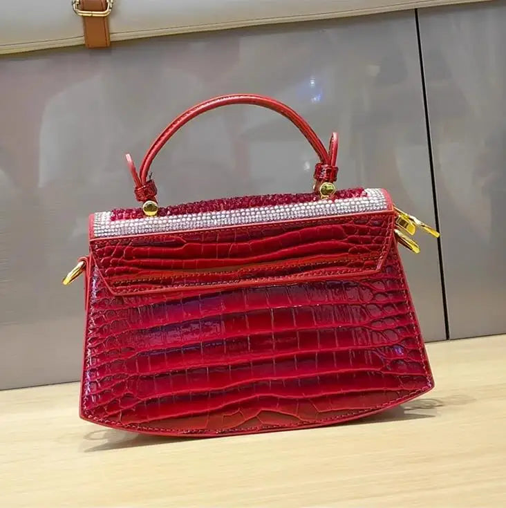 HYLHMC Fashion Diamonds Women Handbags Red Genuine Leather Lady Shoulder Bag Crocodile Pattern Portable Shell Tote Bags